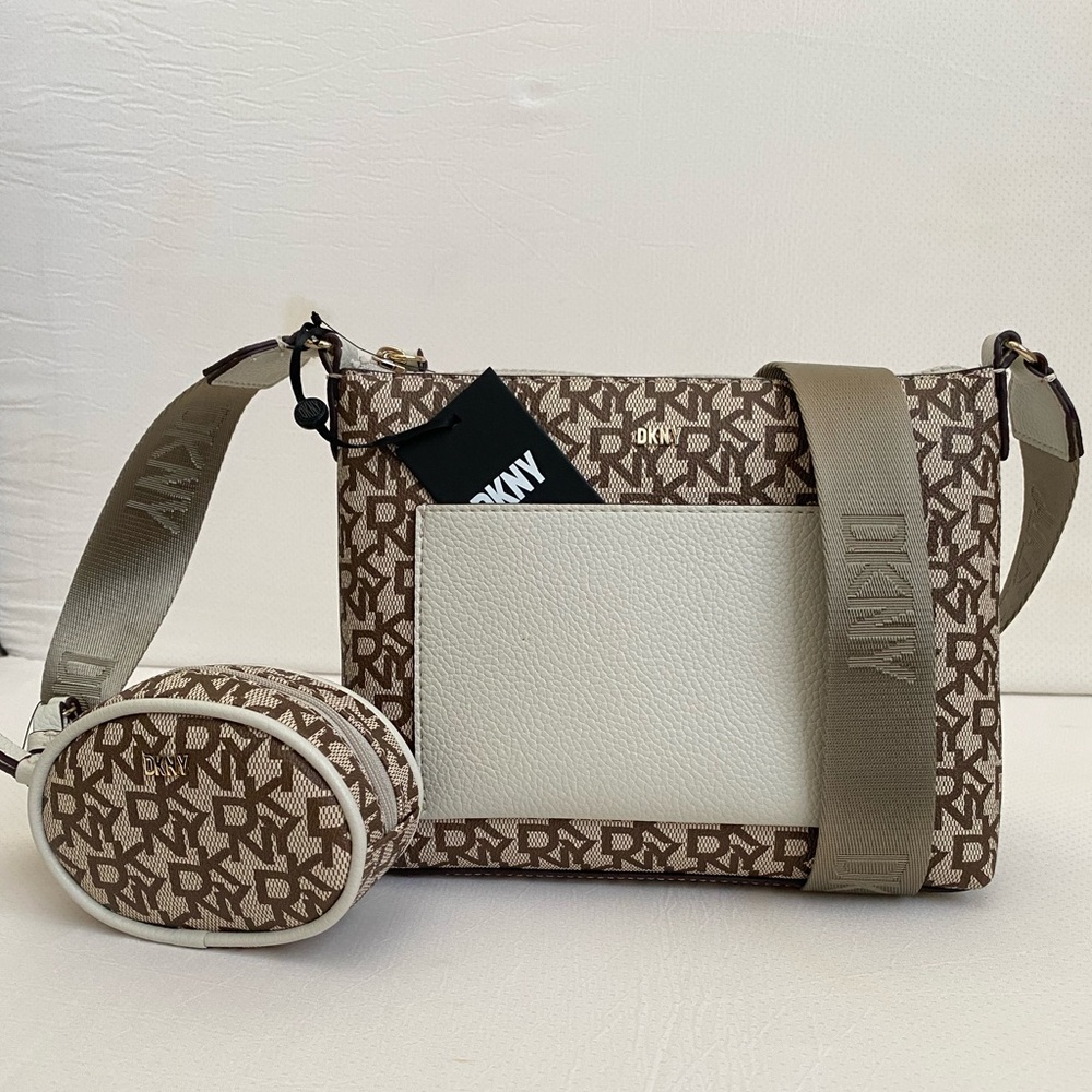 DKNY MEDIUM SHOULDER BAG/CROSSBODY BEIGE MONOGRAM WITH COIN PURSE $168 NEW